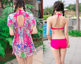 3 Pcs Floral Swimsuit Set with Tropical Cover Up Blouse - Magenta